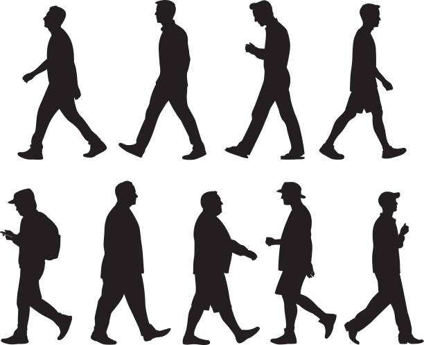 illustrations, cliparts, dessins animés et icônes de silhouettes de marche pour hommes 1 - profile people in a row group of people people