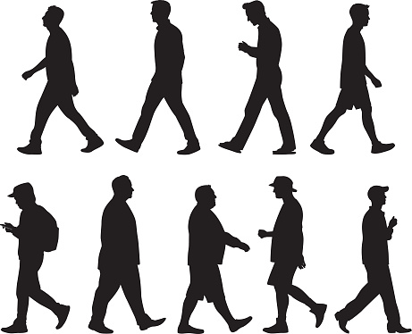 Vector silhouettes of men walking.