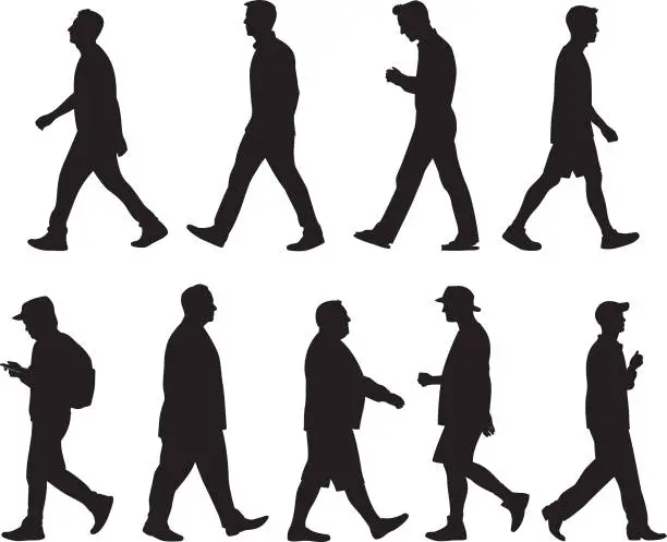 Vector illustration of Men Walking Silhouettes 1