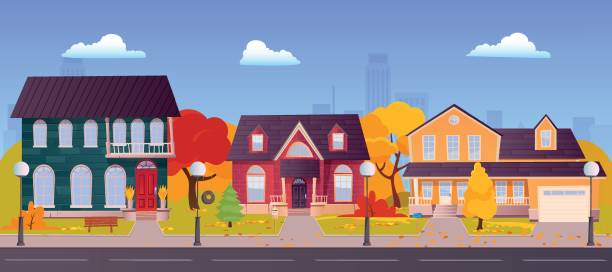 осенний загородный пейзаж частных зданий и силуэтов города на фоне - village community town house stock illustrations