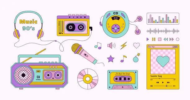 Vector illustration of Music Set 90's in Pop Art Style. Vector Illustration Player, Headphones, Audio Cassette, CD Disk, Microphone, Boombox