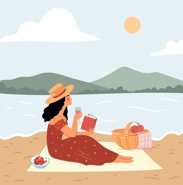 mädchen auf einem picknick liest ein buch. sommer-strandpicknick-konzept. - book reading dress women stock-grafiken, -clipart, -cartoons und -symbole