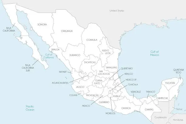 Vector illustration of Vector map of Mexico with regions or states and administrative divisions, and neighbouring countries. Editable and clearly labeled layers.