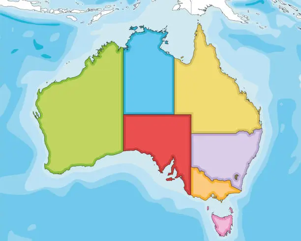 Vector illustration of Vector illustrated blank map of Australia with regions and administrative divisions, and neighbouring countries and territories. Editable and clearly labeled layers.