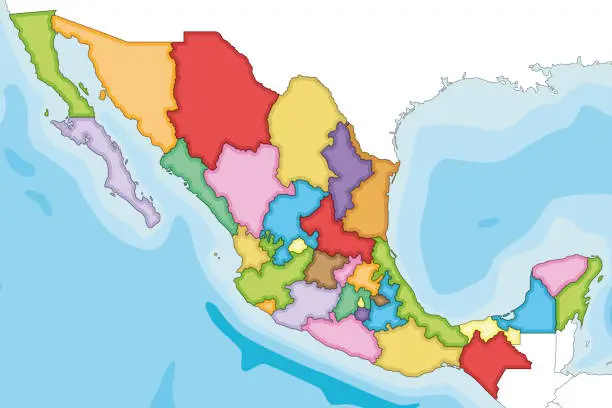 Vector illustration of Vector illustrated blank map of Mexico with regions or states and administrative divisions, and neighbouring countries. Editable and clearly labeled layers.