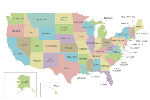 주 및 행정 부서가있는 미국의 벡터지도. 편집 가능하고 명확하게 레이블이 지정된 레이어. - map stock illustrations