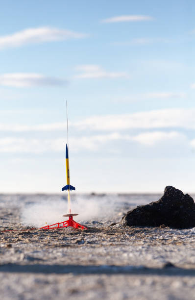 Great Salt Lake Model Rocket Launch Model Rocket Launch on Sunny Day at Great Salt Lake model rocket stock pictures, royalty-free photos & images