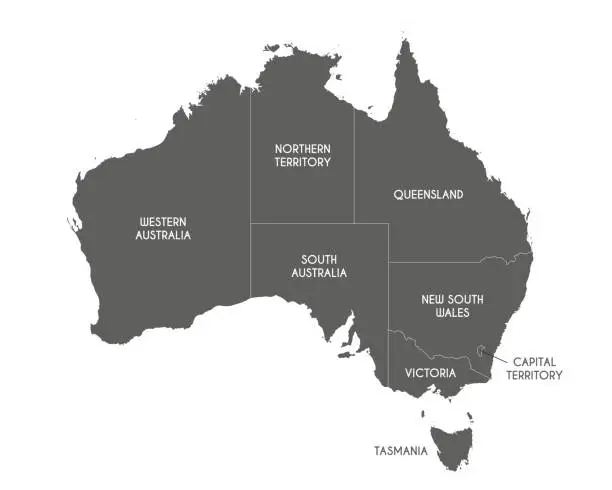 Vector illustration of Vector map of Australia with regions or territories and administrative divisions. Editable and clearly labeled layers.