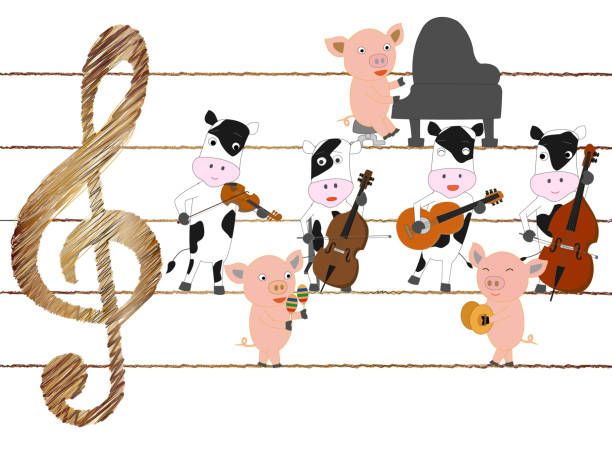 ranch music Cows and pigs are singing songs and playing musical instruments. castanets stock illustrations