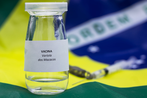 Monkeypox vaccine, written in Portuguese on the bottle 