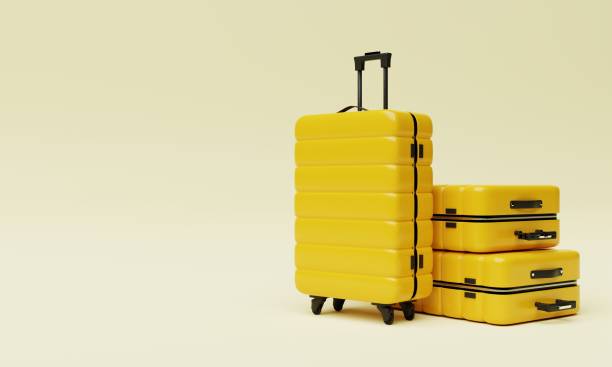 istock Yellow trolley suitcase on isolated background. Travel object and wanderlust concept. 3D illustration rendering 1403162579