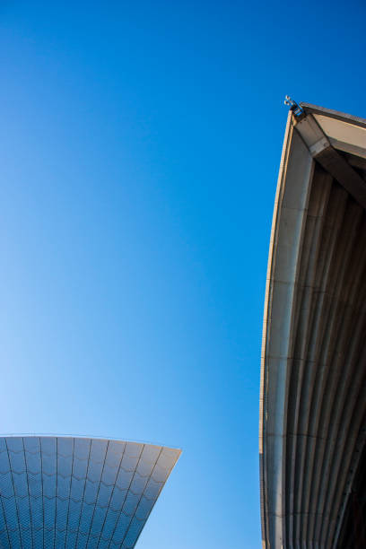 Color Photograph of two of the Sydney Opera house shell structures reaching toward the sky.