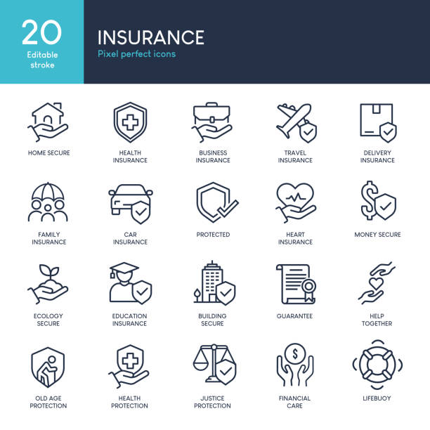 보험 - 얇은 선 아이콘 벡터 세트 - auto accidents symbol insurance computer icon stock illustrations