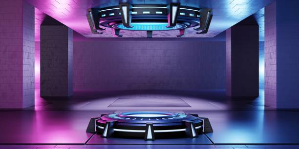 istock Inside spaceship laboratory with empty podium interior architecture with glowing neon for cyberpunk product presentation. Technology and Sci-fi concept. 3D illustration rendering 1403166560