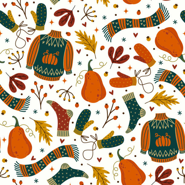 Autumn seamless vector pattern. Seasonal symbols - knitted sweater, warm socks, gloves, scarf, pumpkin, fall leaves. Flat cartoon elements on white background. Backdrop for decoration, design Autumn seamless vector pattern. Seasonal symbols - knitted sweater, warm socks, gloves, scarf, pumpkin, fall leaves. Flat cartoon elements on white background. Backdrop for decoration, design knitted pumpkin stock illustrations