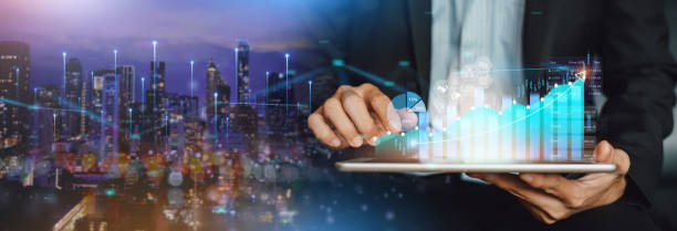 istock Business analysis big data sciences and economic growth with financial graph. Concept of virtual dashboard technology digital marketing and global economy investment network. 3D illustration banner. 1403168433