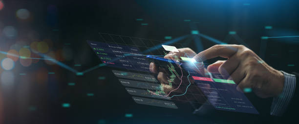 istock Business virtual screen graph chart digital technology and trader online trading investment in stock market for cryptocurrency money and bitcoins using data in blockchain. 3D illustration banner. 1403168992