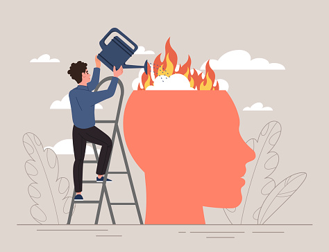 Putting out fire in head. Guy on stairs with watering can on abstract silhouette. Psychological help, calmness and support. Mental health and caring for others. Cartoon flat vector illustration