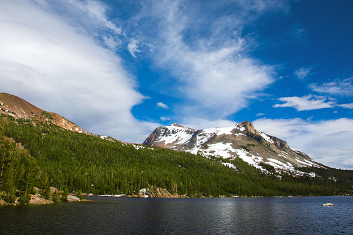 Blue sky and wispy cloud cover above a snow capped mountain, and dense forest along the lake.