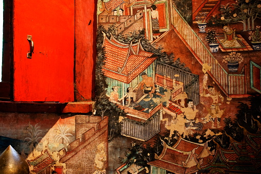 The beauty of ancient Thai murals inside the temple, about 158 ​​years old, at Wat Phra Singh, Chiang Mai, Thailand.
