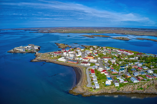 Aerial View of Borgarnes, Iceland during the brief Summer