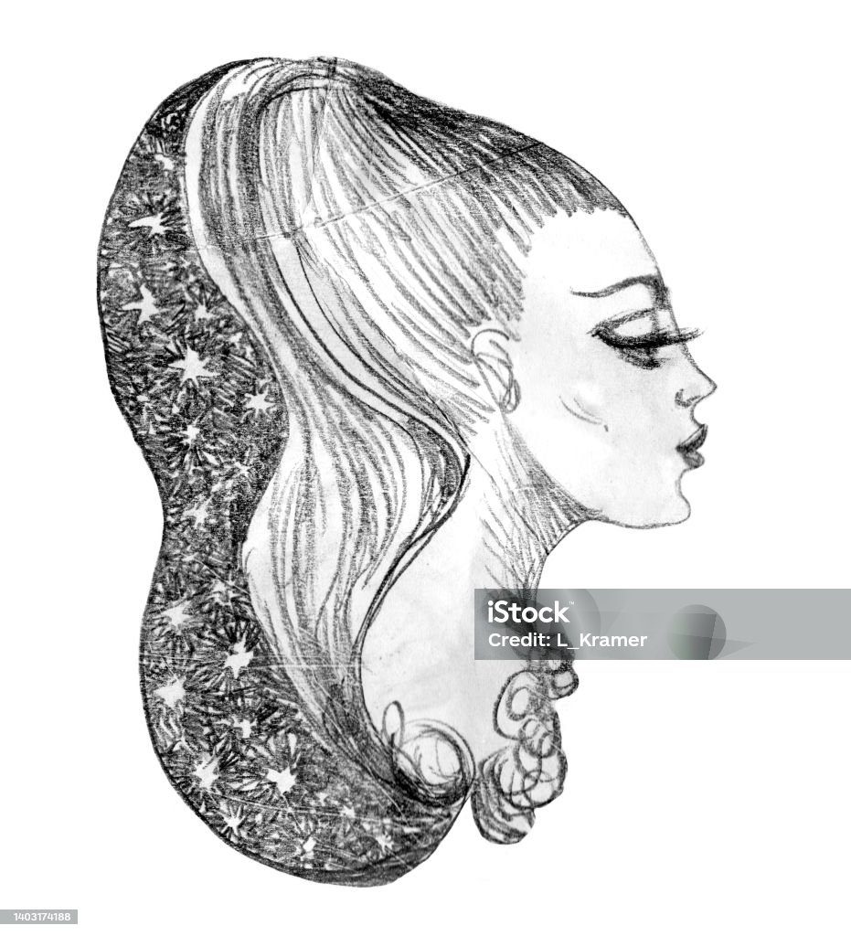 Hand Drawn Fantasy Pencil Drawing Of A Beautiful Fairy Womans Head ...