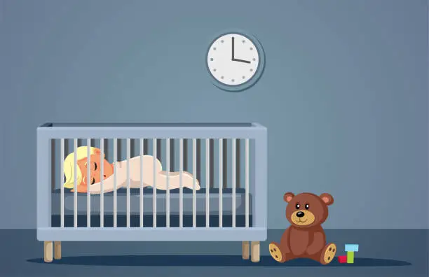 Vector illustration of Baby Sleeping in his Bed in Nursery Room Vector Cartoon Illustration