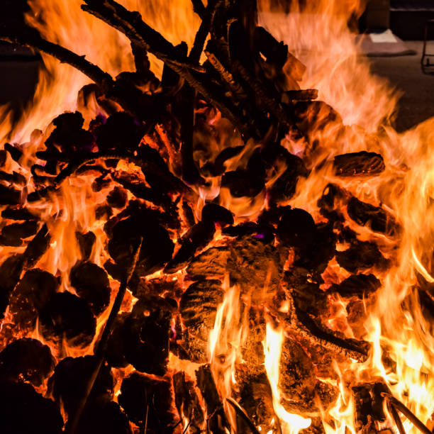 istock Fire flames on black background, Blaze fire flame texture background, Beautifully, the fire is burning, Fire flames with wood and cow dung bonfire 1403175401
