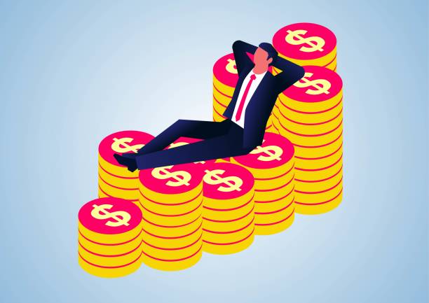 Isometric businessman leisurely lying on stack of gold coins, wealthy businessman, successful businessman Isometric businessman leisurely lying on stack of gold coins, wealthy businessman, successful businessman greedy stock illustrations