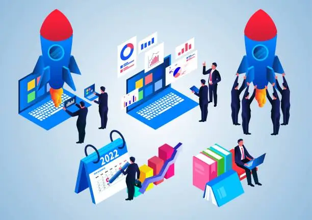 Vector illustration of Isometric new business project startup concept illustration, new business plan new startup project, business team start rocket together