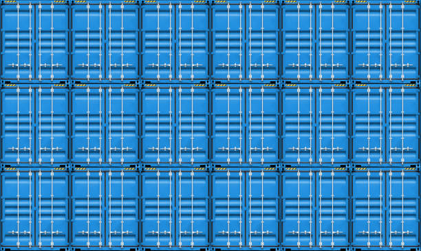 Ship cargo container side view, open doors, full with cardboard boxes. Pile of cardboard boxes on pallet. 3D illustration