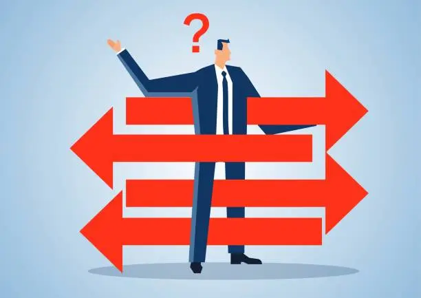 Vector illustration of Businessman entangled with left arrow right arrow, thinking and decision of direction