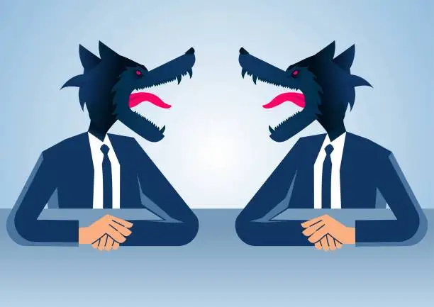 Vector illustration of Two wolf businessmen sitting at table talking negotiation, strong dialogue and meeting