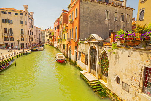 Gondolas anchored on Grand Canal in Venice.