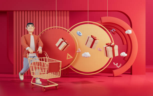 istock 3D charactor pushing the shopping cart, 3d rendering. 1403181776