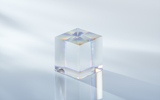 Glass cube with bright background, 3d rendering. Computer digital drawing.