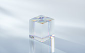 Glass cube with bright background, 3d rendering.