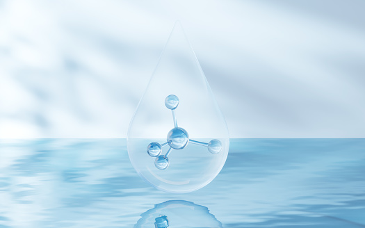 Molecule with water surface background, 3d rendering. Computer digital drawing.