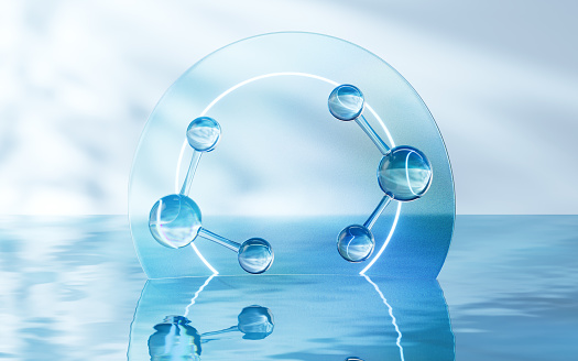 Molecule with water surface background, 3d rendering. Computer digital drawing.