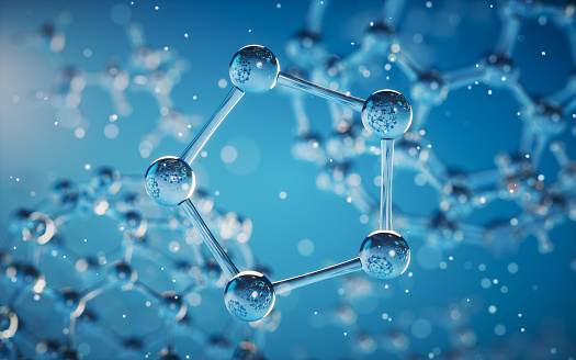 Chemical molecule with blue background, 3d rendering. Computer digital drawing.