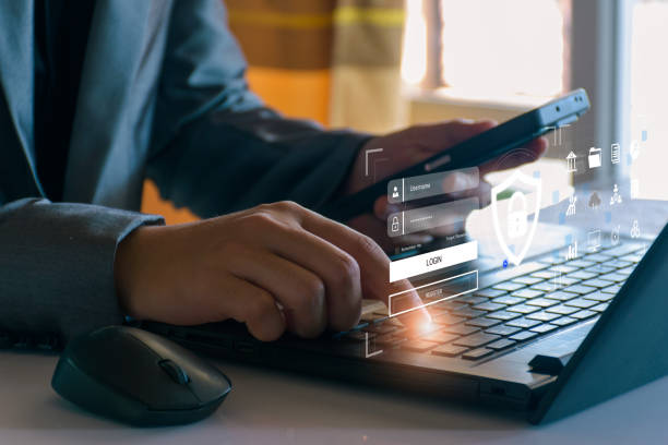 istock Cyber security concept. Businessman login access business sensitive information, data security, secure company internet network, hack protection, fingerprint scanner, cyber space, business security 1403183294