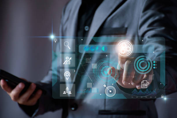 istock Business database analysis concept. Businessman analyzing economic data. related to business operations, analysis of future economic trends, virtual screens, business networking, internet technology. 1403183359
