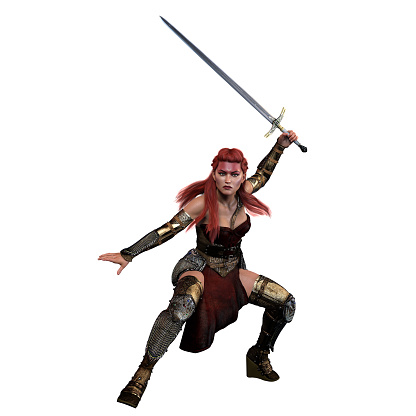 Medieval Fantasy Warrior Woman with sword on isolated white background, 3D illustration, 3D Rendering