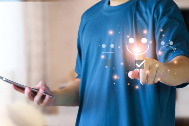 istock Customer satisfaction survey. Customer Satisfaction Rating, Smiley Emoji, Happy Customer, Good Service, Positive Rating, Happy Service, Five Star Service. Virtual touch screen, futuristic technology. 1403184007
