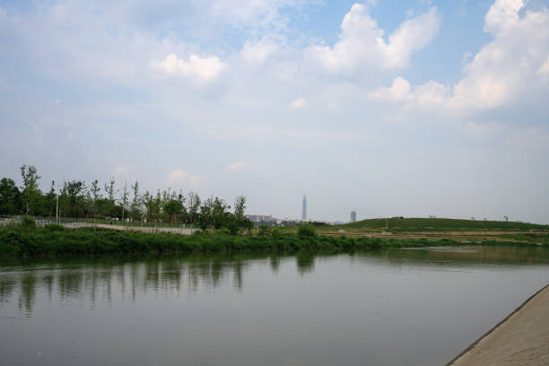Sunny day riverside Chengdu City