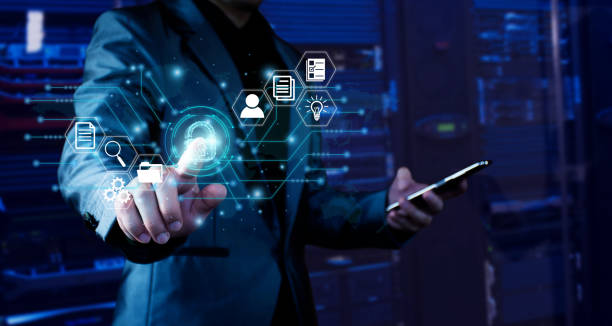 istock Data Protection Concept. Businessman touching the padlock. on the virtual screen in the digital world, data theft prevention, data safe, cyber security, privacy protection, internet networking. 1403184252