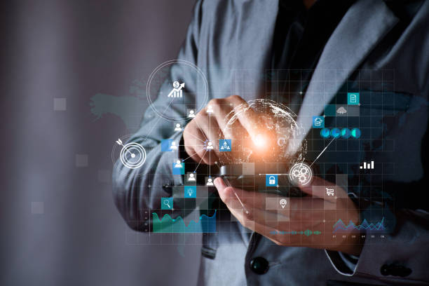 istock Businessman using mobile smartphone on global network connection on investor and customer with sale data exchange and development of business. Technology and digital marketing. Financial and banking. 1403184256