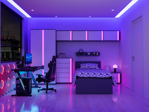 Modern Teen Room Interior With Bed, Cabinet, Gaming Chair And Study Desk
