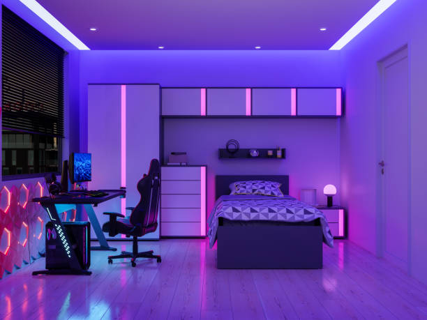 Modern Teen Room Interior With Bed, Cabinet, Gaming Chair And Study Desk Modern Teen Room Interior With Bed, Cabinet, Gaming Chair And Study Desk gaming chair photos stock pictures, royalty-free photos & images