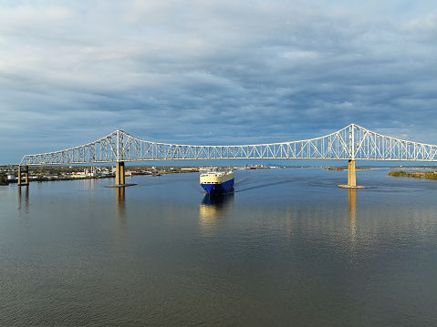 A Vehicle Carrier Ship Passing under the Commodore Barry Bridge